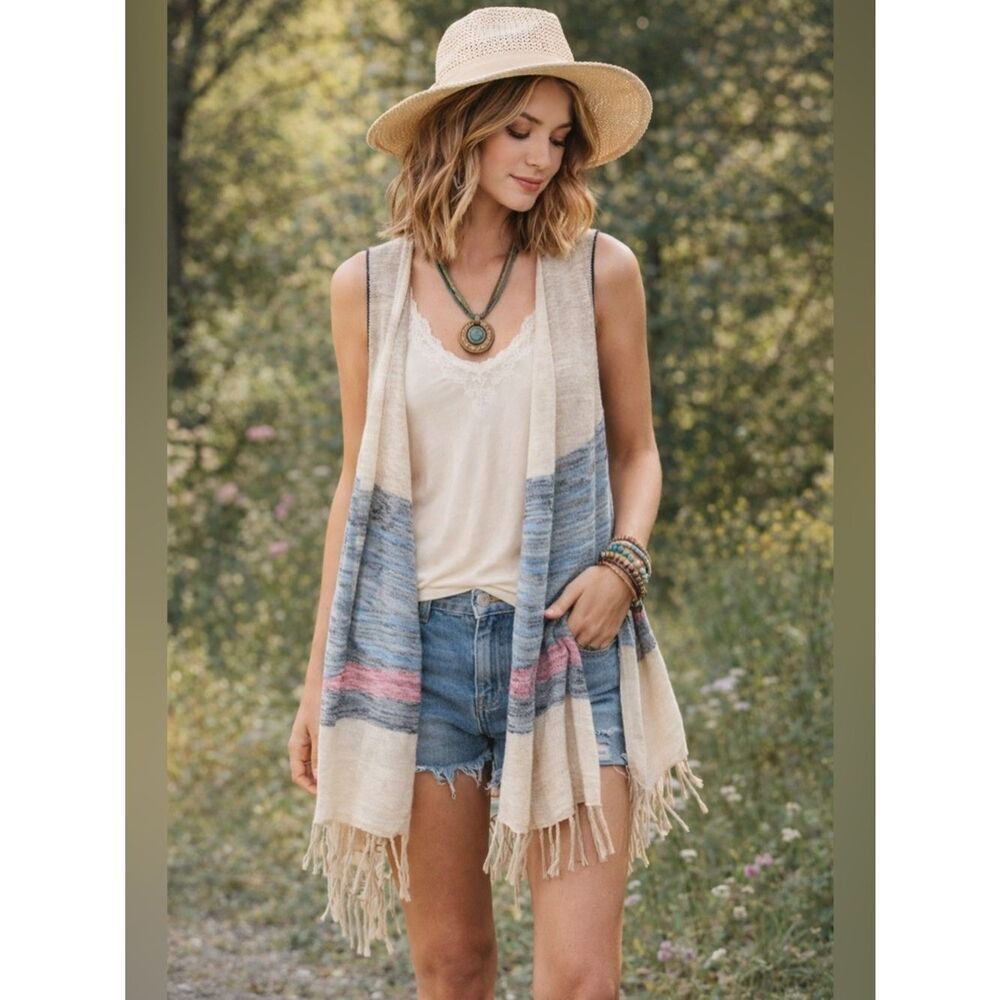 Anthropologie Umgee Cream, Blue & Pink Striped Open Front Fringe Vest